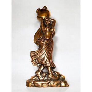 Vintage Cast Iron Wall Art Plaque Copper Finish Woman Carrying Jug #348